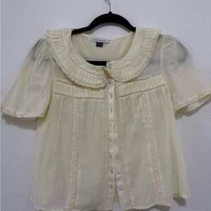 American Eagle Outfitters Cream Blouse with Peter Pan Collar and Ruffled Style